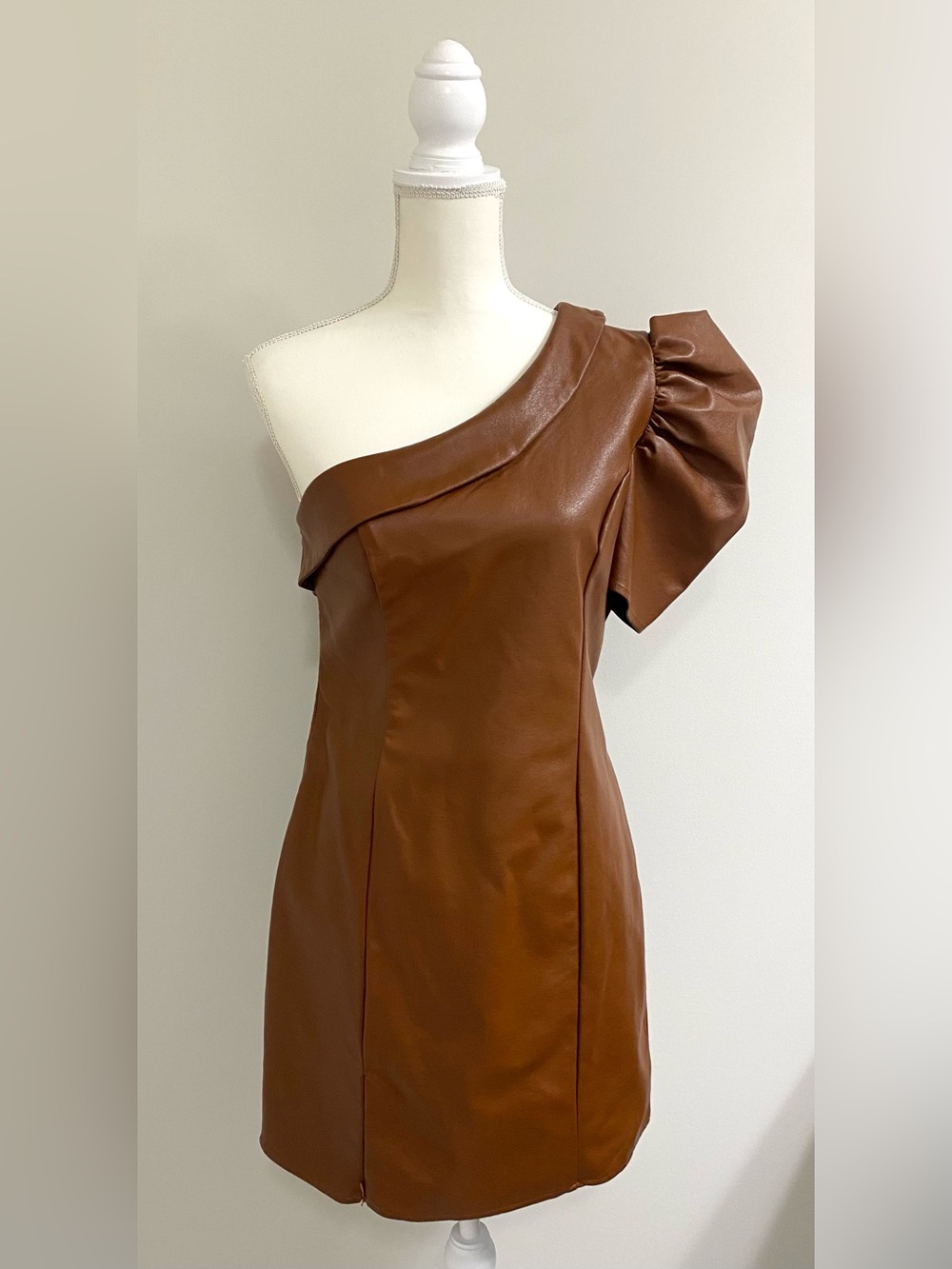 TCEC Womens L Asymmetrical Brown Faux-Leather Dress Fall 90s Minimalism Classic